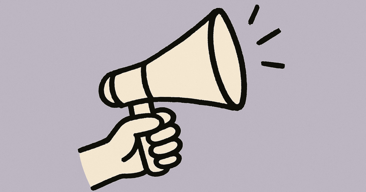 Hand-drawn illustration of a hand holding a megaphone on a lavender background
