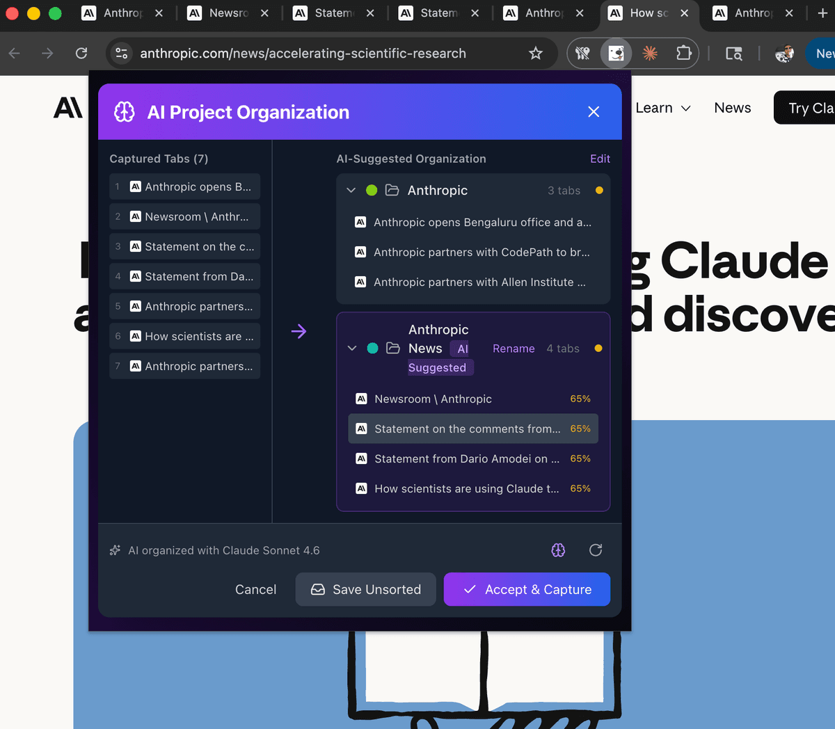 AI Project Organization — automatic sorting with confidence scores