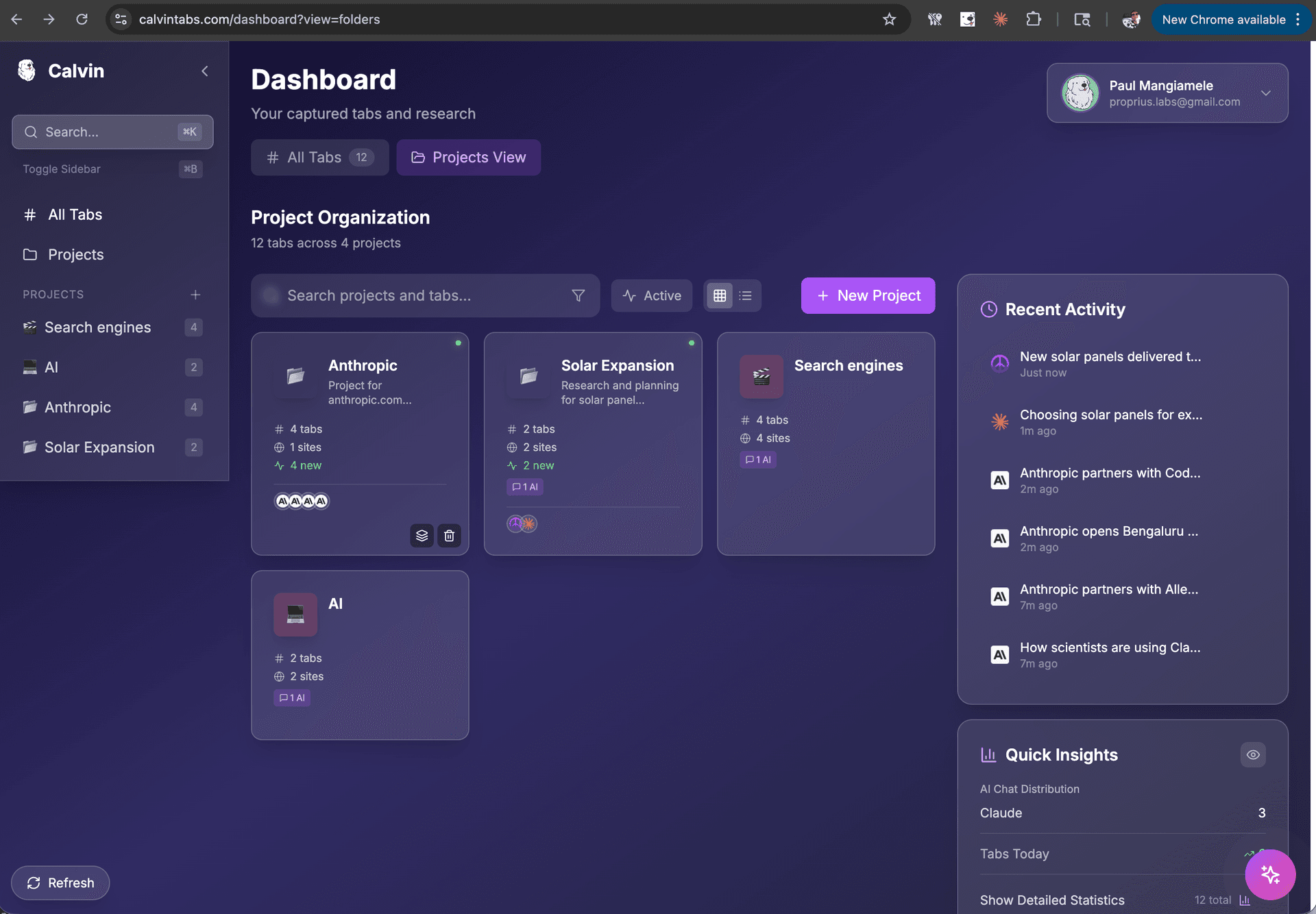 Web Dashboard — Projects view with AI-organized folders